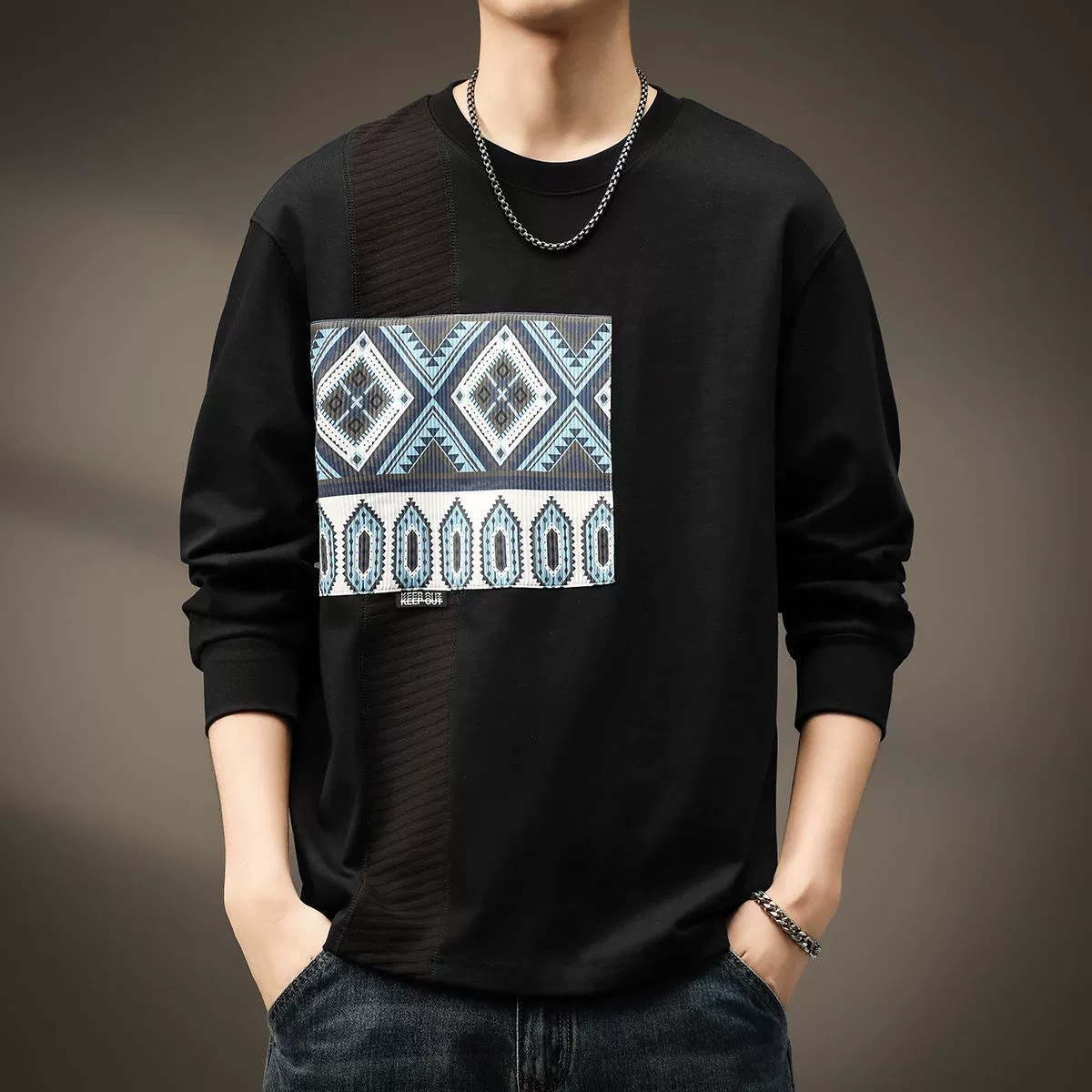 Высококачественная мужская футболка из чистого хлопка с длинными рукавами в этническом стиле в стиле ретро, ​​новая осенняя футболка 2024 года с круглым вырезом