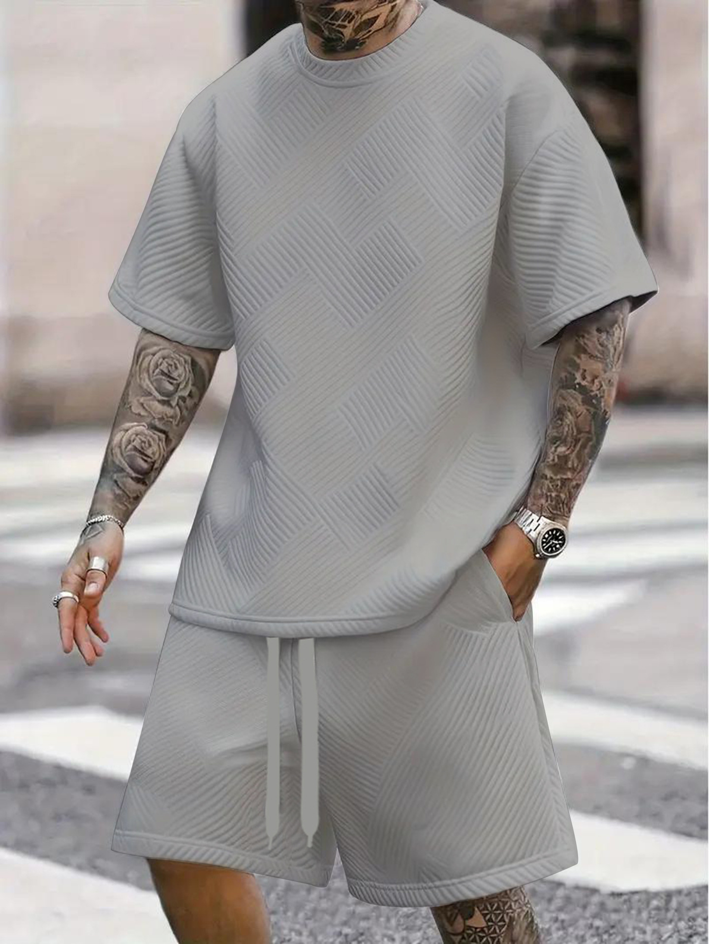 Men's Jacquard Print Short Sleeve T-Shirt & Shorts Set - Summer Casual Athletic 2-Piece Outfit​_viptrois.com