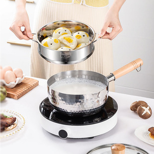 304 Stainless Steel Snow Pan Uncoated Milk Pot Food Supplement Frying Pan Thickeneded Instant Noodle Pot Japanese Wooden Handle Soup Milk Pot