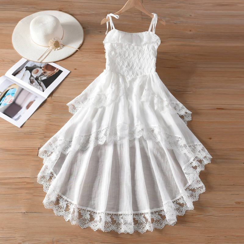 White Vacation Strap dress 2025 Women's Summer Lace Irregular Cake Skirt Waist Front Short Back Long Skirt