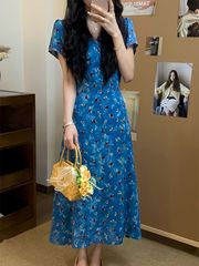 法式气质小清新V领碎花连衣裙女夏季新款设计感海边度假风长裙子