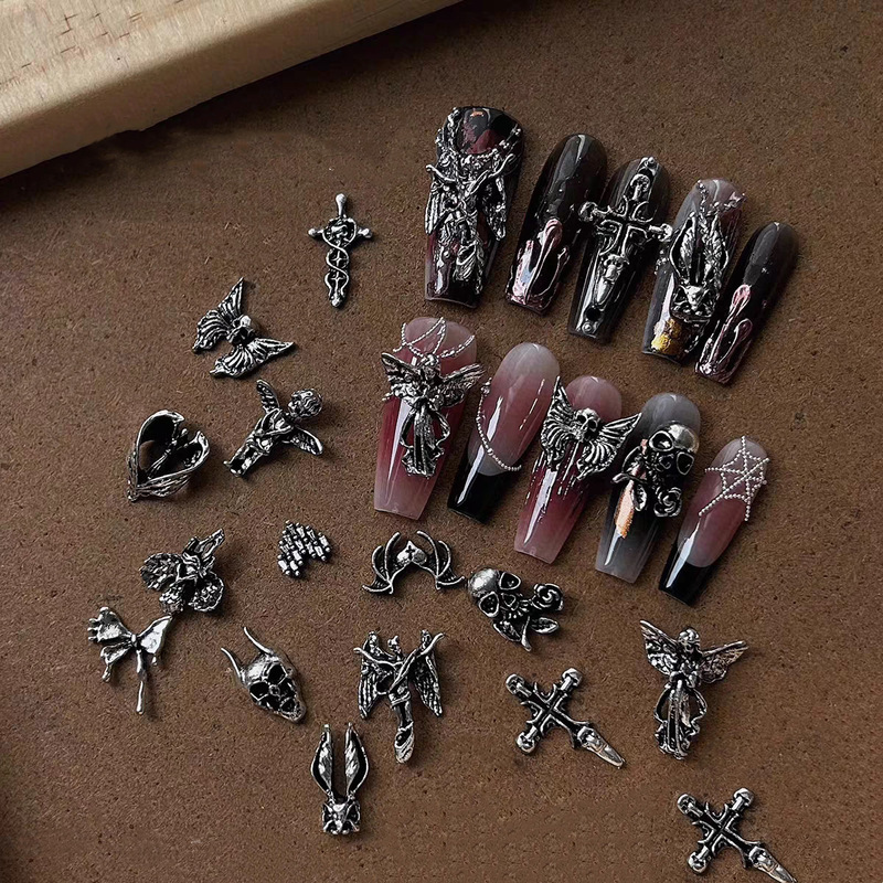 Dark Style Manicure Crow Heart Cross Skull Wishing Angel Cut Out Series Retro Metal Nail Jewelry Dark Style Manicure Crow Heart Cross Skull Wishing Angel Cut Out Series Retro Metal Nail Jewelry