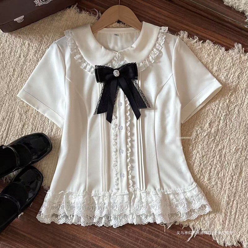 Lace short-sleeve JK shirt, waist-cinching, slimming, basic college style, anti-wrinkle, slim fit, plus size, white top for women Lace short-sleeve JK shirt, waist-cinching, slimming, basic college style, anti-wrinkle, slim fit, plus size, white top for women