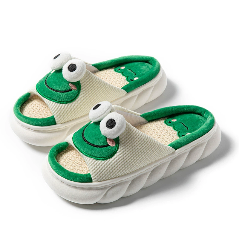 Домашние льняные тапочки Four Seasons с милыми лягушками для мужчин и женщин, домашние противоскользящие толстые тапочки для пар на весну и лето