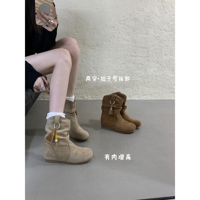 2025新款内增高勃肯短靴女鞋靴子秋冬绒面堆堆靴流苏马丁靴小个子|undefined