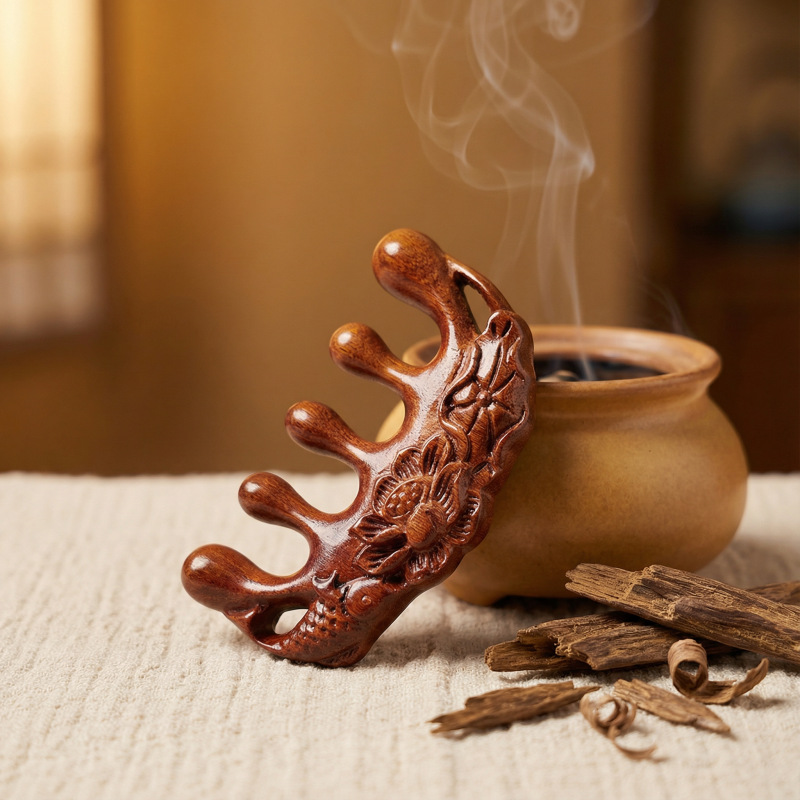 Sandalwood Scalp Massage Comb Half Round Five Teeth Gua Sha Head Neck Meridian Comb Gift in use
