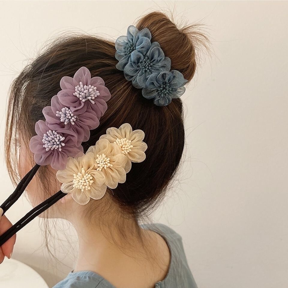 Organza three-flower fluffy bun hair curler lazy simple Korean-style hair curling stick flower bud ponytail hair accessory