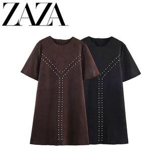 ZAZA 自制欧美风 批发女装 时尚百搭气质 反绒皮效果款铆钉连衣裙