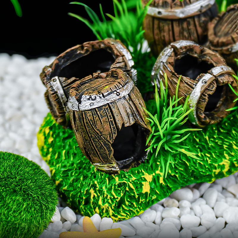 Nuevo conjunto de decoración para acuarios, adorno de barril, escondite para peces, decoración para acuarios, barril de madera, refugio de resina para reptiles. image 6