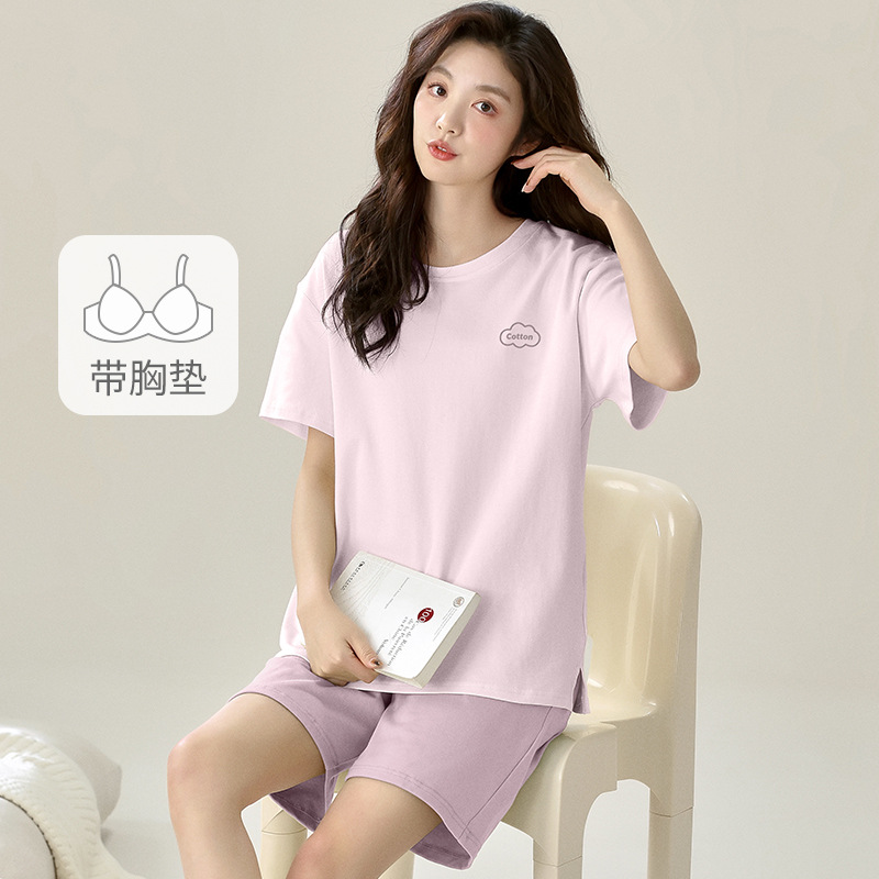 여성용 잠옷 여름 순면 반팔 크롭 팬츠 2025 신상 면 외부 착용 가능 가슴 패드가 있는 심플 캐주얼 슈트