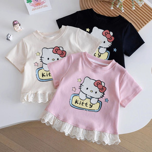 Girls Pure Cotton Short-Sleeved Summer Korean Style New Style Kidsren's Baby Style Lace Top T-Shirt