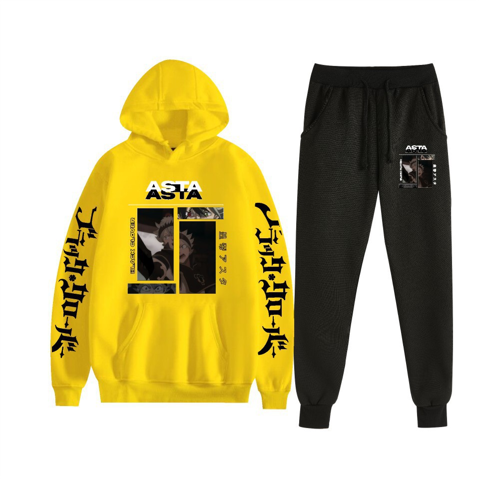 Traje de suéter con capucha suelto de dos piezas de trébol de cuatro hojas negro para hombres y mujeres con estampado de letras nuevas transfronterizas