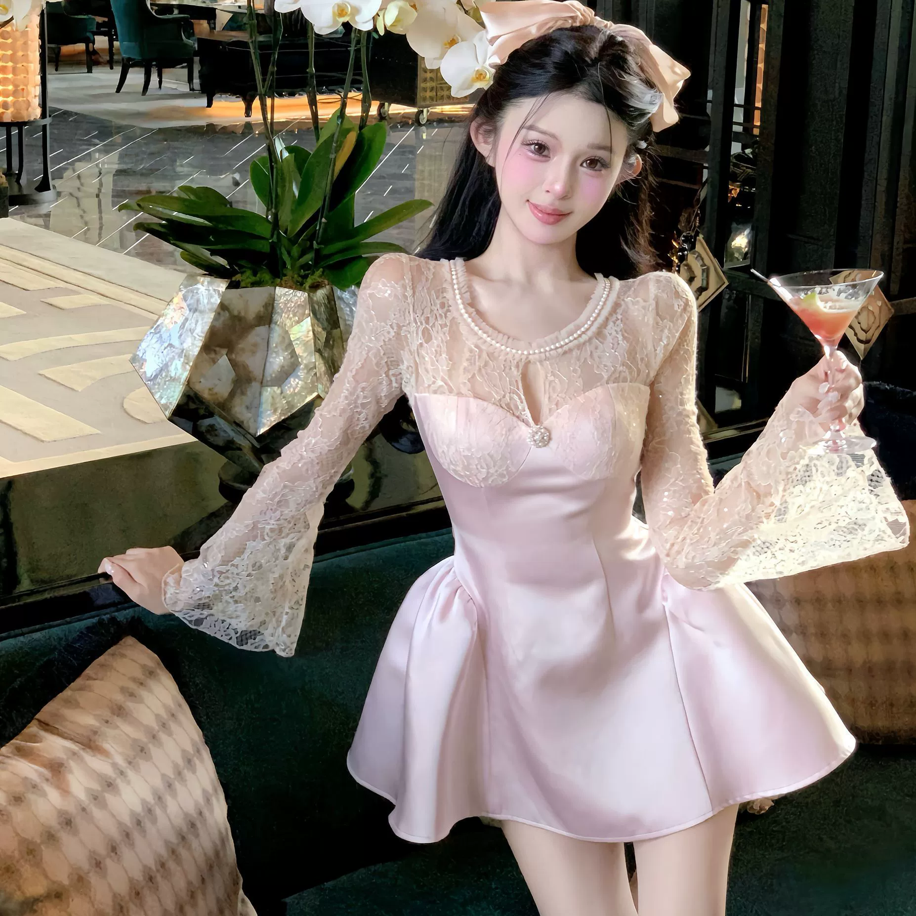 Весенний новый стиль, легкое роскошное французское дизайнерское платье с длинными рукавами, имитация двух частей, популярное платье с заплатками на талии для девочек, другой китайский стиль