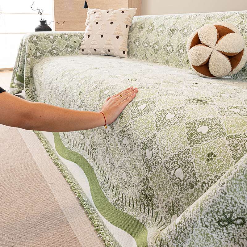 Sofa Cover Green Geometric Pattern With Tassel Edge, All Seasons_voghion.com
