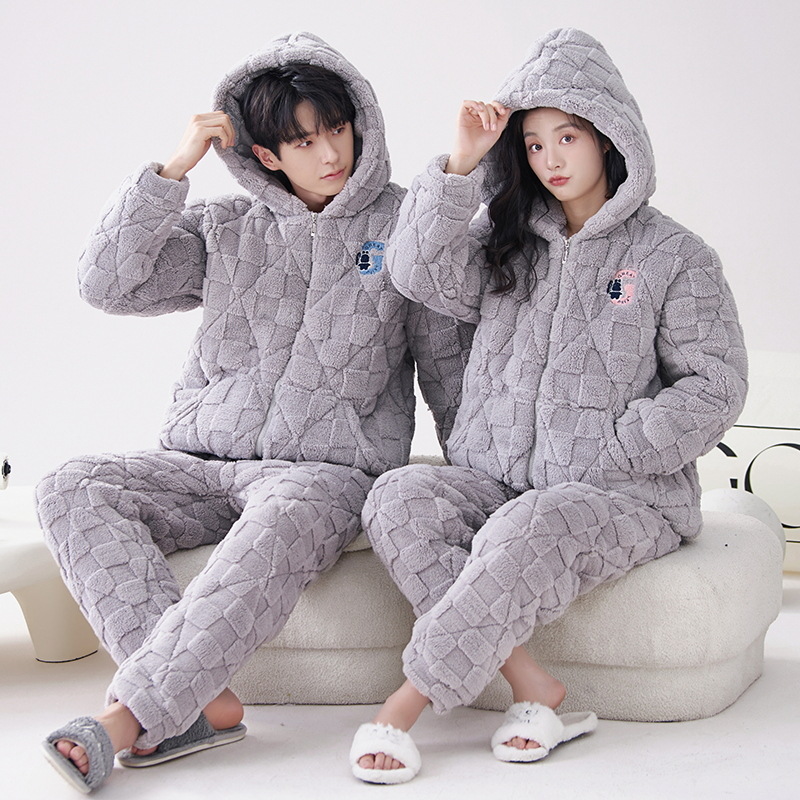 Nueva pareja de algodón acolchado pijamas hombres y mujeres de tres capas engrosadas de algodón acolchado cremallera collar soporte cremallera cálido hogar desgaste
