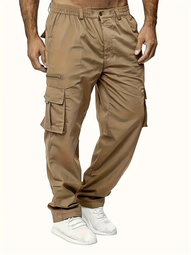 1 Piece Men's Casual Cargo Pants Solid Color Polyester Mid-Cross Border