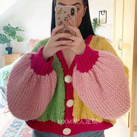 秋冬跨境亚马逊外贸宽松拼色针织外套女 欧美风慵懒手工编织毛衣