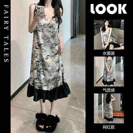 ins风高级感国风睡衣女夏款2023年新款薄款休闲家居气质吊带睡裙