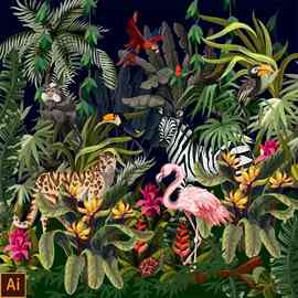 热带雨林叶棕榈叶椰子树植物动物背景墙装饰画矢量素材图片