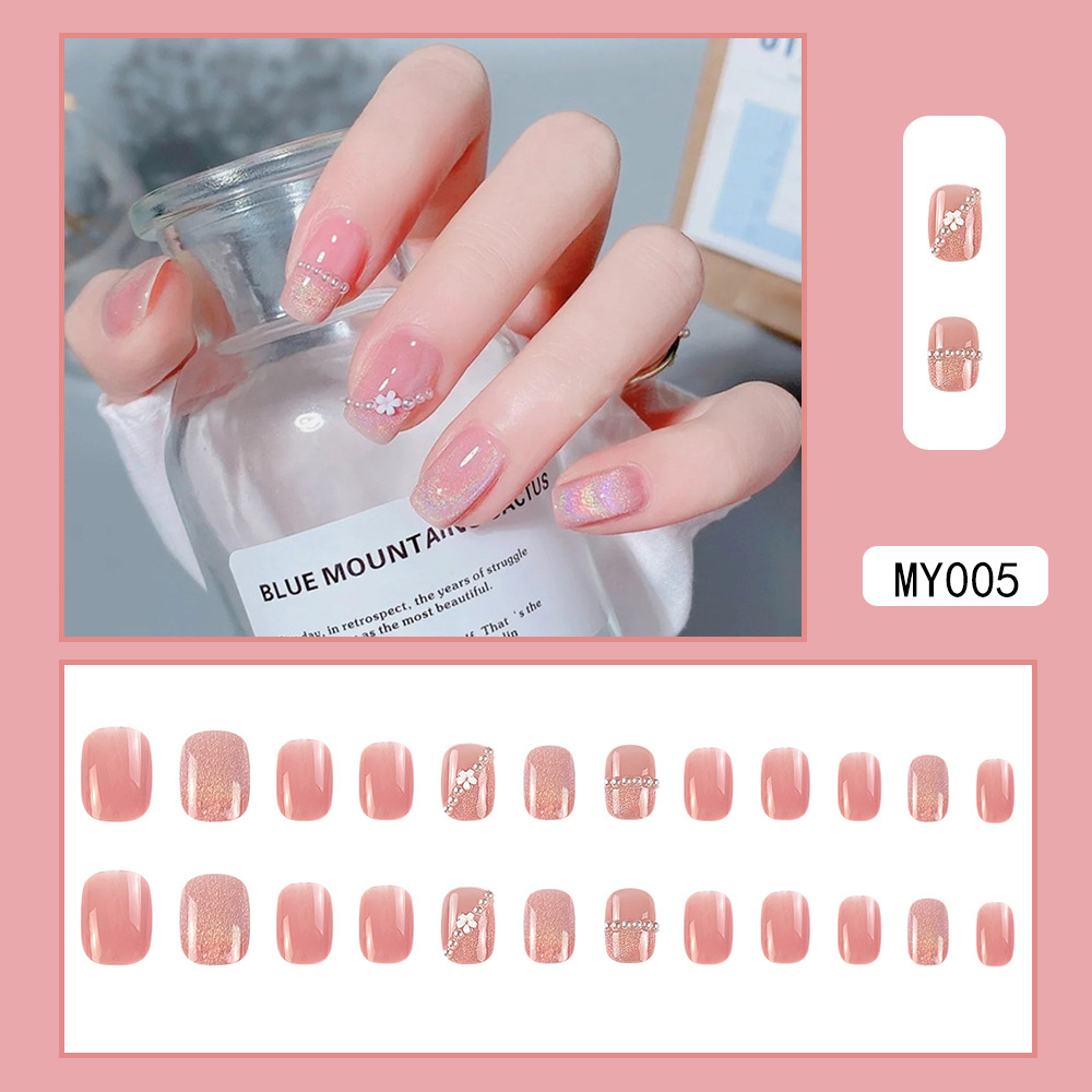 Polvo de perla, manicure, manicure corta, suave, aire de hadas, ojo de gato, 24 piezas, parche de uñas terminado.