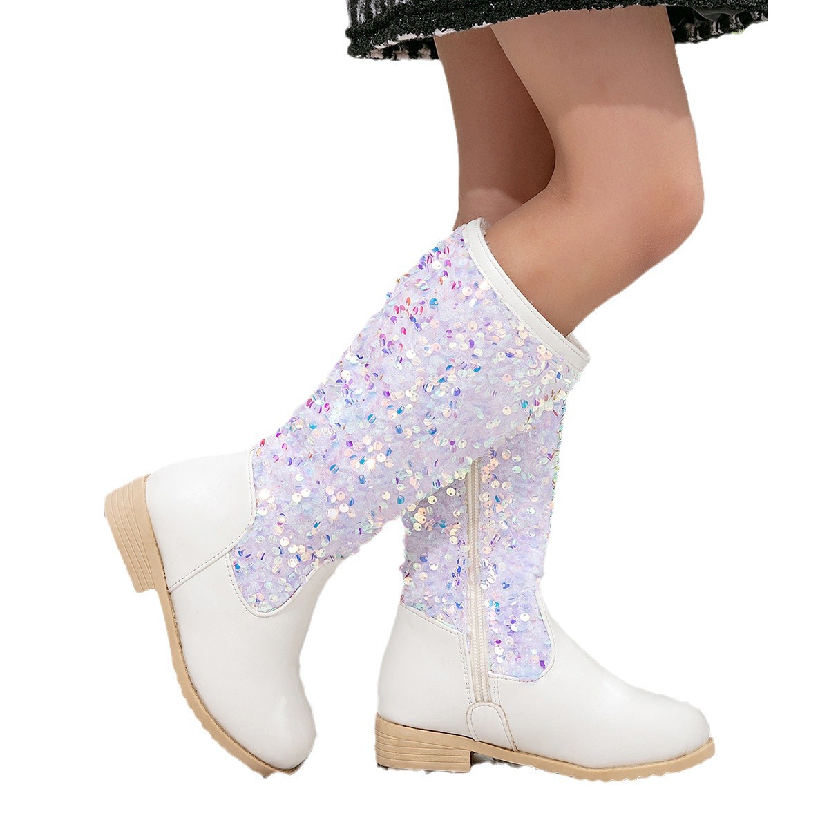 Kids' shoes autumn and winter new girls sequined princess boots little girls plus velvet warm long boots children's soft bottom high boots_voghion.com
