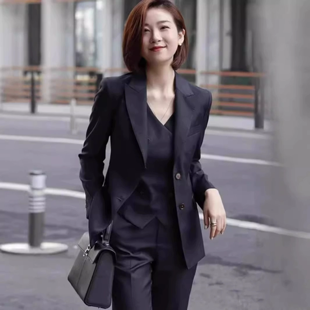 Костюм для женщин на осень и зиму, новый стиль, элитный темно-синий генеральный директор, элегантный профессиональный жилет, комплект из трех предметов, профессиональная официальная одежда