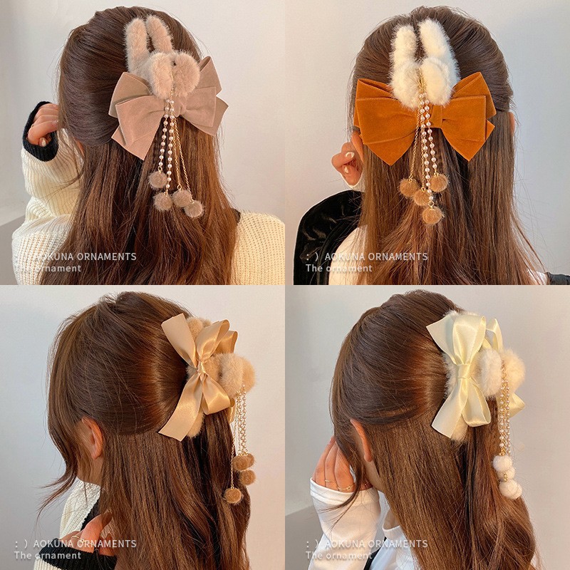 珍珠流蘇蝴蝶結毛絨抓夾大號女秋冬氣質後腦勺盤發鯊魚夾頭飾發卡