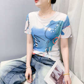 圆领定位印花时尚网纱T恤2025夏季新款百搭洋气衣服女品质休闲装