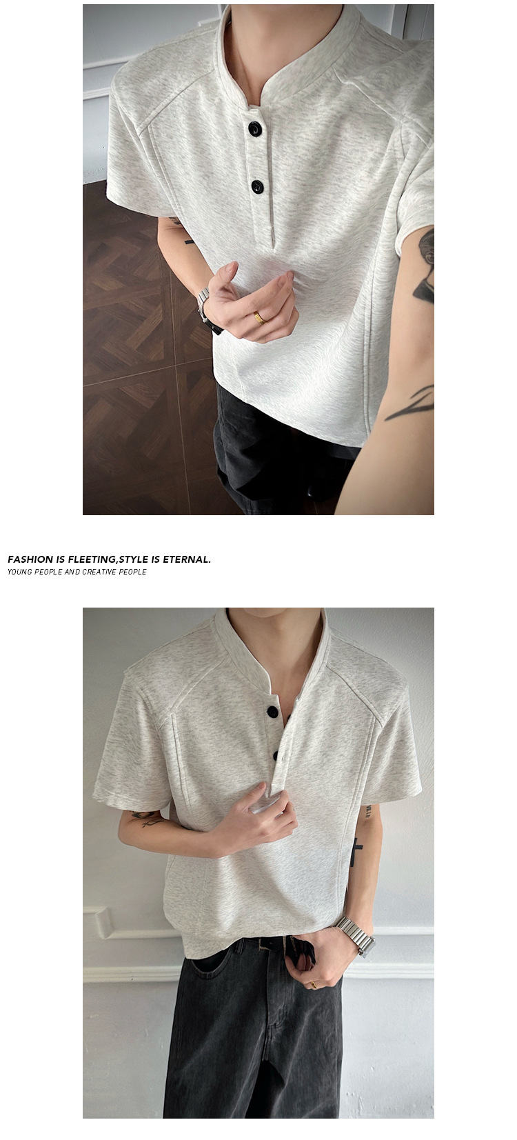 T-shirt da uomo high street con collo alla coreana casual top_voghion.com