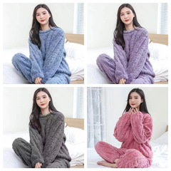 珊瑚绒睡衣女秋冬加绒加厚提花长袖女士家居服两件套宽松暖暖套装