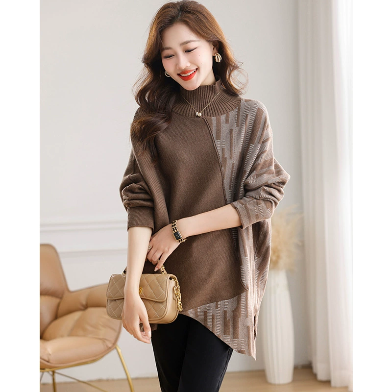 Половина высокого воротника нерегулярное платье-свитер женский осень-зима 2024 новый цвет контрастный свободный большой размер трикотажный нижний свитер чувство дизайна