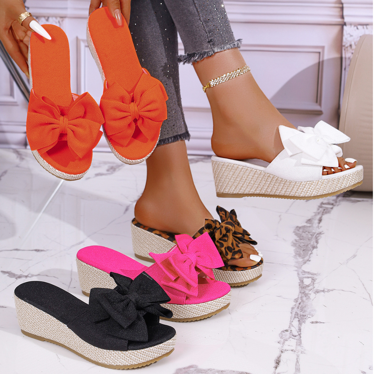Women's Summer Bow Wedge Sandals European And American Style Thick Sole Platform Fabric Plus Size New Style_vogvips.com