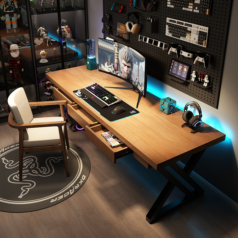 9C Solid Wood Large Board Gaming Table with Storage Rack Bedroom Desk Double Study Table with Drawer Desktop Computer Office