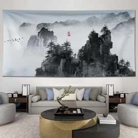 水墨山水画背景布挂布ins客厅房间装饰床头墙布中国风迎客松荷花