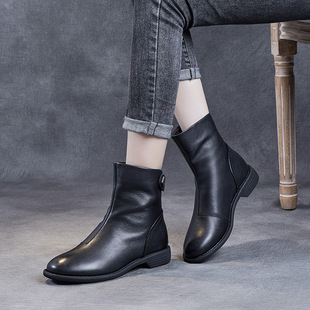 Genuine Leather Martin Boots Women's British Style 2022 New Fashionable Chelsea Short Boots Flat Pointed Toe Slimming Women's Boots