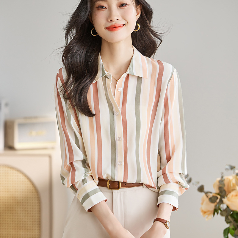 Carefully Selected Stripesd Shirt Tops for Women with Long Sleeves 23 Spring Design Niche Retro Acetate Satin Shirts for Women to Look Slim