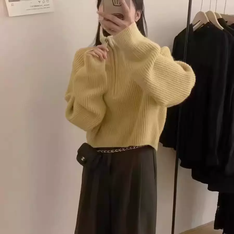秋冬新款韩版宽松立领设计感半拉链短款拉链加厚短款针织衫毛衣女