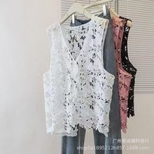钩花镂空V领马甲背心女装胖mm夏季显瘦坎肩无袖叠穿外搭蕾丝上衣