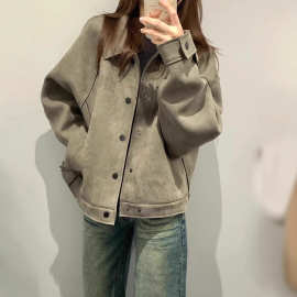 美式复古短款麂皮绒外套女春秋季2025新款慵懒中性风宽松夹克上衣
