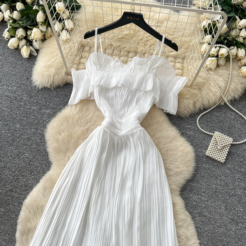 French Style Off-Shoulder Spaghetti Strap Dress Korean Waist Cinching Summer Elegant Long Dress for Vacation_ecoleips.com