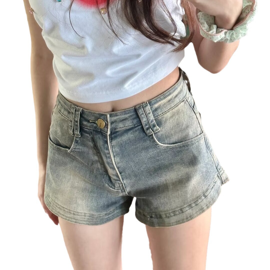 아메리칸 스타일 하이 스트리트 데님 반바지 여성 여름 디자인 센스 틈새 높은 허리 슬리밍 스파이스 소녀 올드 빈티지 A 라인 핫 바지