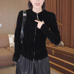 丝绒双拉链开衫女秋季新款轻奢设计感纯色百搭洋气立领长袖可外穿