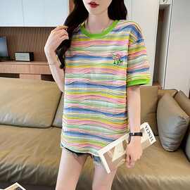 彩色条纹短袖t恤女2026新款夏季美式复古减龄设计感宽松休闲上衣