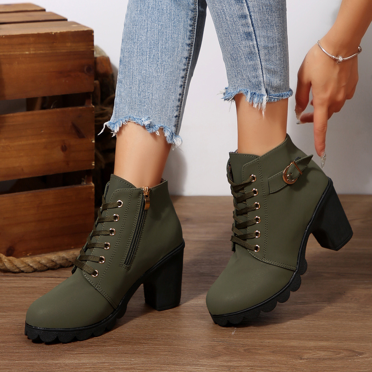 ShoeVault Women's Leather Low-Cut Chunky Round Toe High Heel Lace-Up Brown Ankle Boots Spring Autumn Plus Size Height Increasing_vogvips.com