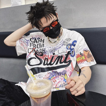 满印涂鸦美式高街宽松青少年情侣圆领套头休闲通勤ins短袖