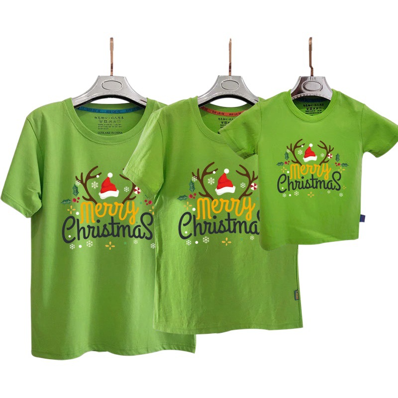 New year parent-child short-sleeved T-shirt family home decoration family three or four Christmas hat elk head New Year's Day activity clothes
