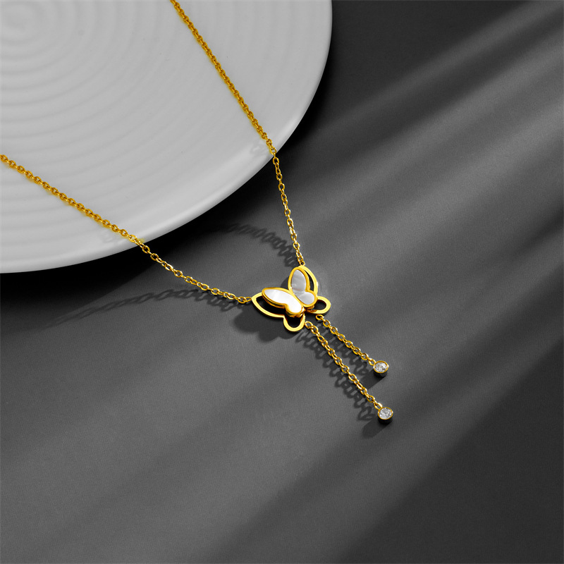 16g Weight Shell Inlay Material Pendant Necklace Classification cable chain Chain Type Elegant Butterfly Titanium Steel Inlay Shell Pendant Necklace