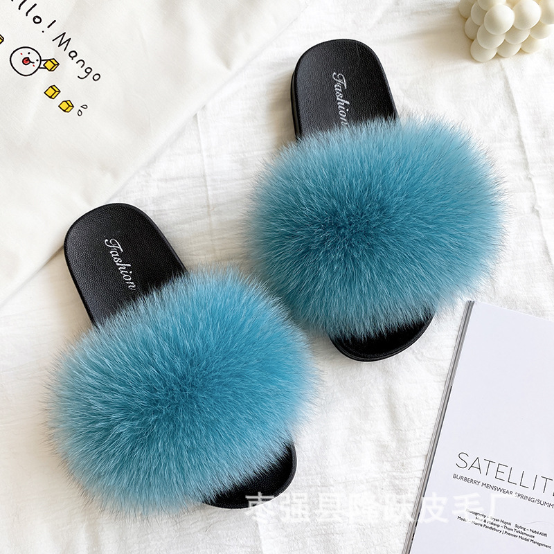 Amazon transfronterizo zapatillas de pelo de zorro real zapatillas de pelo de fondo plano zapatillas de pelo de mujer zapatillas de pelo de verano nuevas exportaciones
