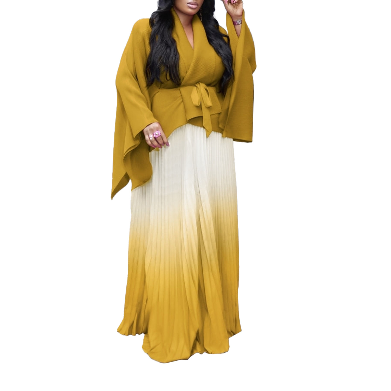 Damenbekleidung plissierter unregelmäßiger Schnürer oben mit Farbverlaufsrock zweiteiliger Anzug_voghion.com