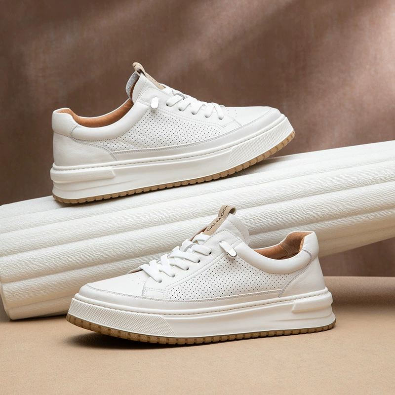 Мужские летние дышащие полые повседневные кожаные туфли с защитой от запаха на толстой подошве и кроссовки, увеличивающие рост, туфли из воловьей кожи ручной работы.